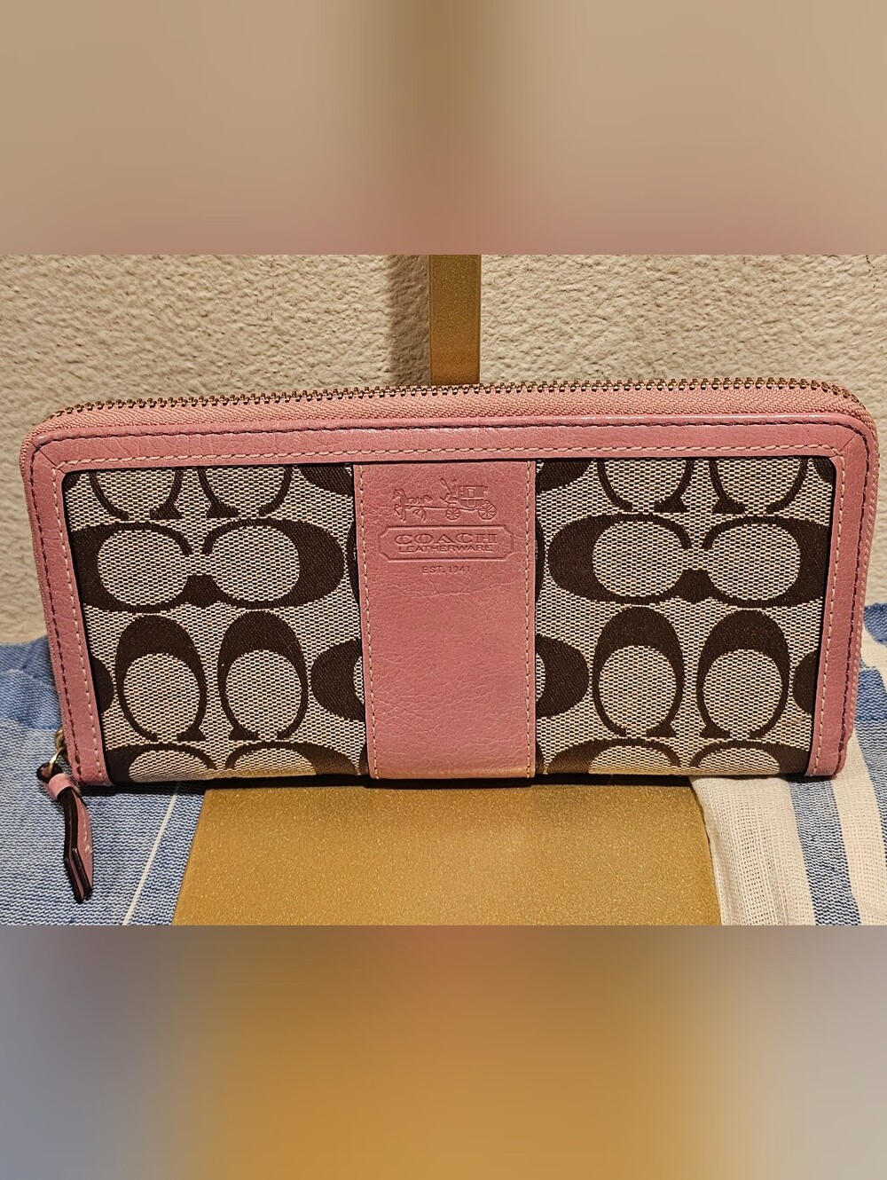 Coach With Signature C Zip Around Wallet With Pink Leather Trim
